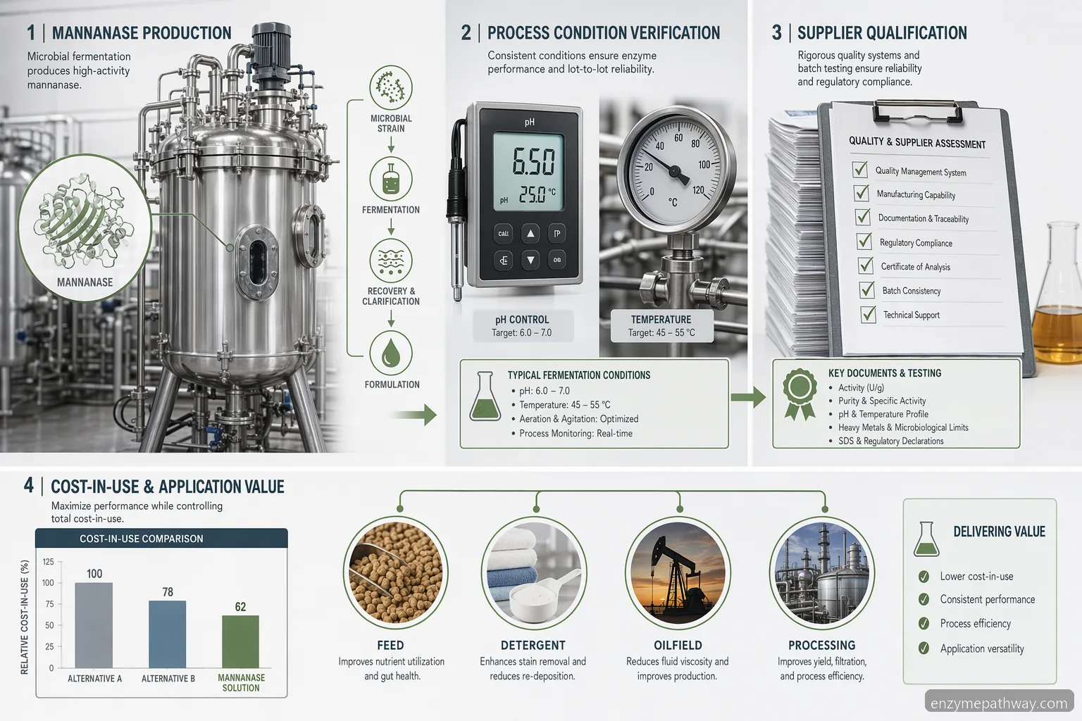 mannanase production supplier guide infographic showing process conditions, QC documents, applications, and cost-in-use
